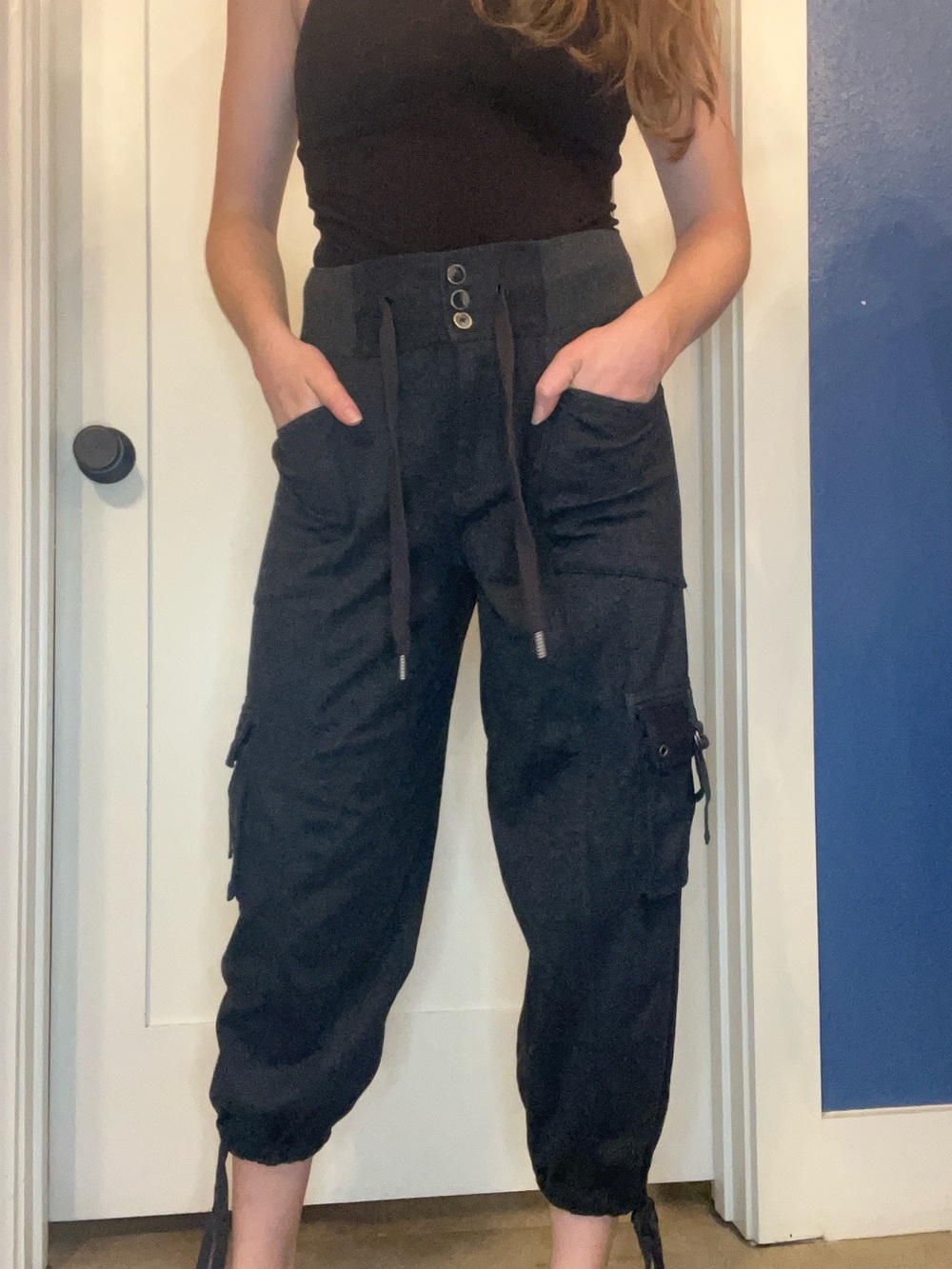 Free People Dark Grey High-Rise Cargo Joggers with Drawstring Waist